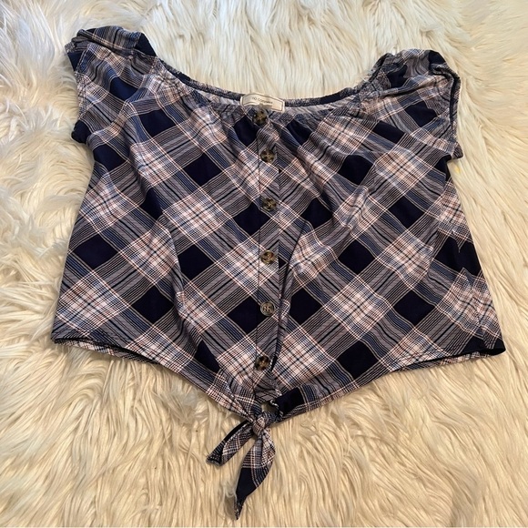 No Comment Off Shoulder Top Navy Plaid - Picture 2 of 11